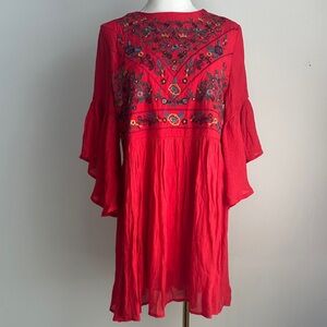 Umgee Womens Red Embroidered Boho Bell Sleeve Mini Dress Size S Festival Hippie
